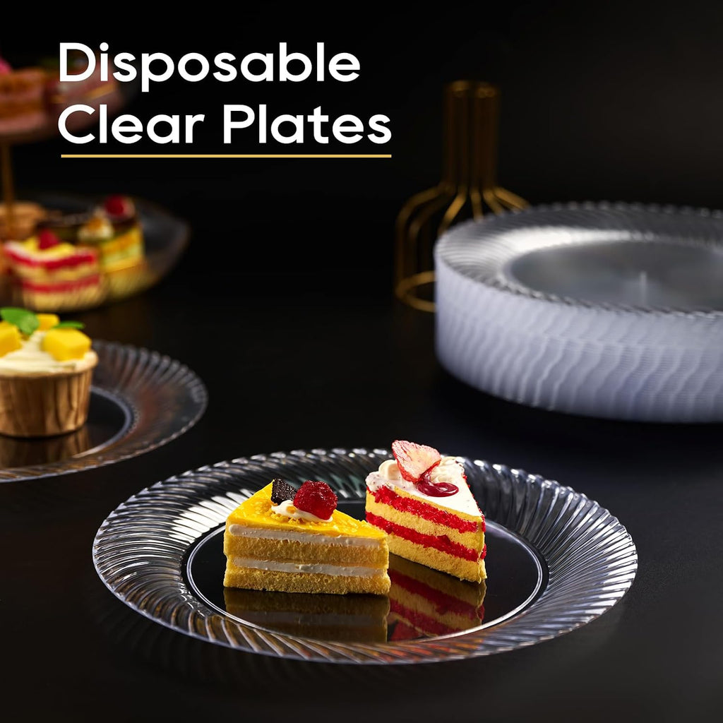 FOCUSLINE 10 Inch Clear Plastic Plates, 100 Count Disposable Heavy Duty Dinner Plates, Premium Hard Plastic for Weddings, Parties & Events