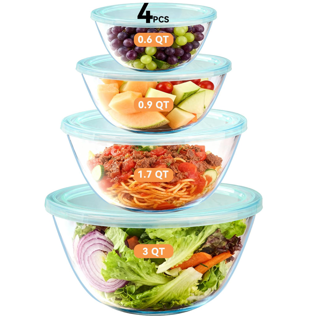 YUANYE 5 Pack Glass Mixing Bowls with Lids Set (5QT/2.5/1.5/0.9/0.6QT), Thick Glass Large Salad Bowl Set, Nesting Kitchen Bowls for Serving,Prepping,Cooking and Baking,Dishwasher,Oven,Microwave Safe