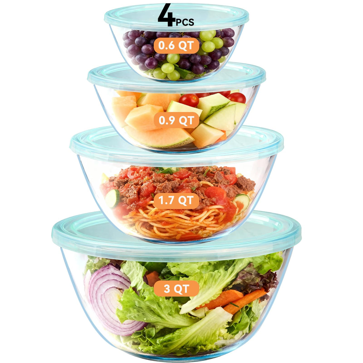 YUANYE 5 Pack Glass Mixing Bowls with Lids Set (5QT/2.5/1.5/0.9/0.6QT), Thick Glass Large Salad Bowl Set, Nesting Kitchen Bowls for Serving,Prepping,Cooking and Baking,Dishwasher,Oven,Microwave Safe