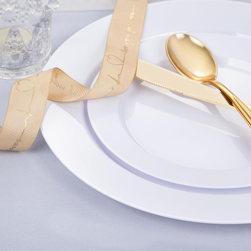 FLOWERCAT 200PCS White Plastic Plates Disposable Plates for Party - White Bulk Plastic Plates - 100 10" Dinner Plates and 100 7" Salad Plates for Wedding & Summer Parties and Events