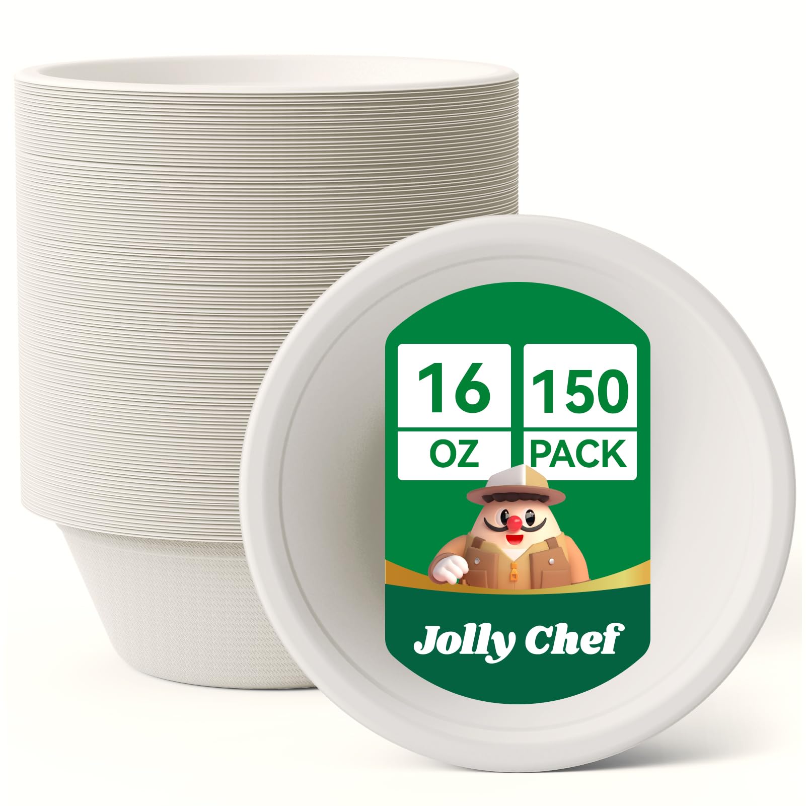 Compostable Disposable Paper Bowl [16 oz] Heavy Duty Soup Containers [150 Pack] Biodegradable Bagasse Hot Cold Food Eco-Friendly Sugarcane Microwavable Bowls for Salad Milk Thanksgiving Day