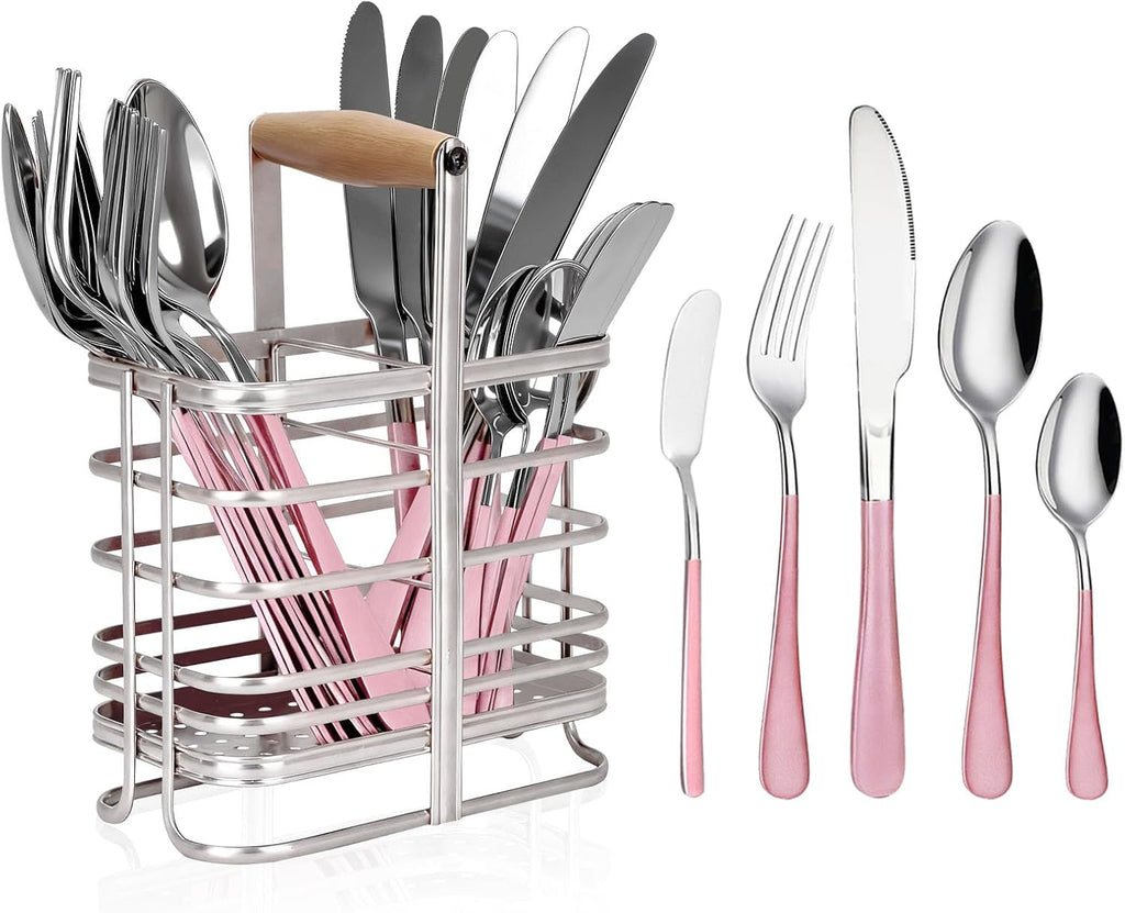 30 Pieces Silverware Set with Stainless Steel Utensil Drying Rack, Service for 6, Cutlery Set with Stand for Kitchen Counter, Tableware Set Includes Knives Forks Spoons Teaspoons Butter Knives (Pink)