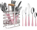 30 Pieces Silverware Set with Stainless Steel Utensil Drying Rack, Service for 6, Cutlery Set with Stand for Kitchen Counter, Tableware Set Includes Knives Forks Spoons Teaspoons Butter Knives (Pink)