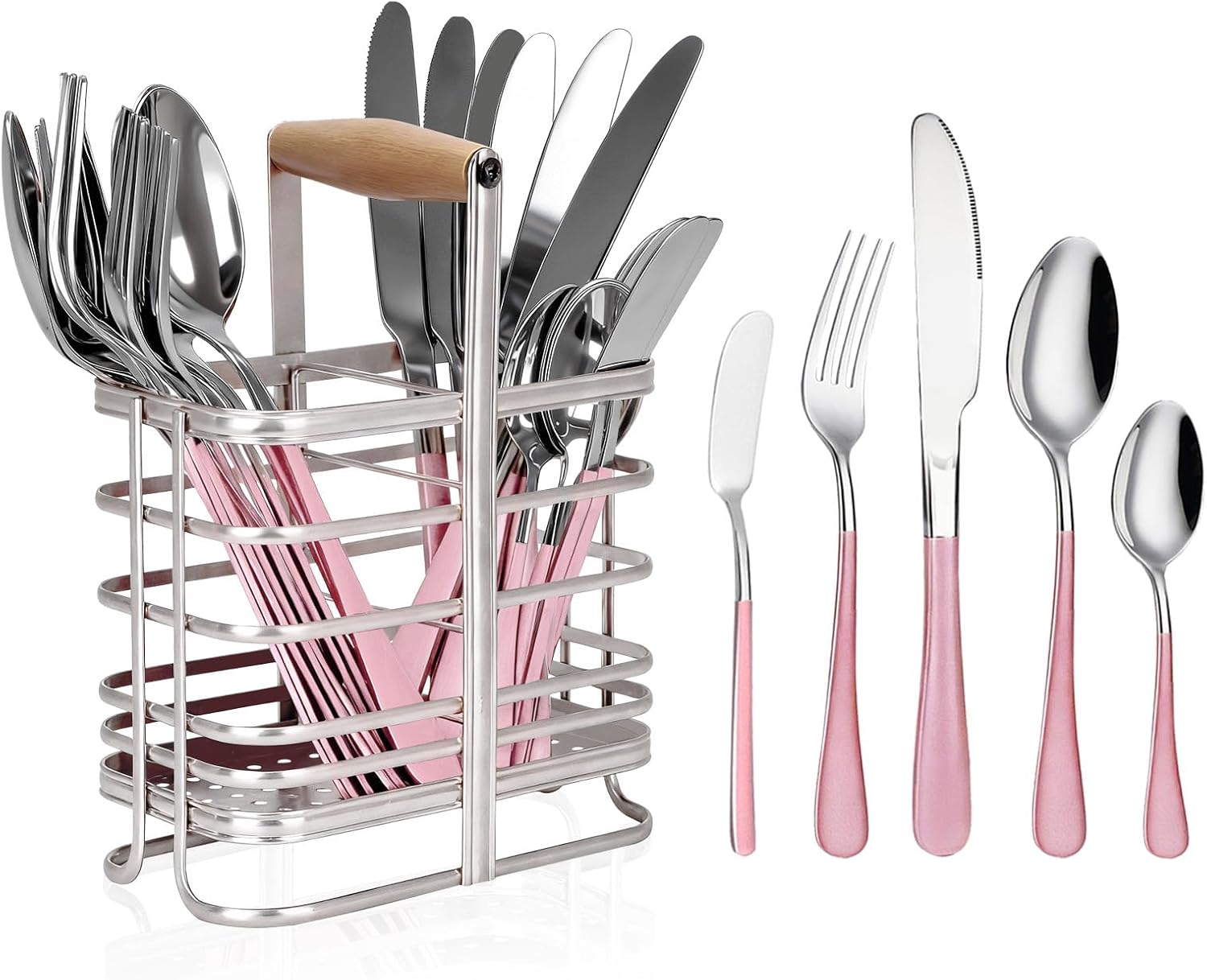 30 Pieces Silverware Set with Stainless Steel Utensil Drying Rack, Service for 6, Cutlery Set with Stand for Kitchen Counter, Tableware Set Includes Knives Forks Spoons Teaspoons Butter Knives (Pink)
