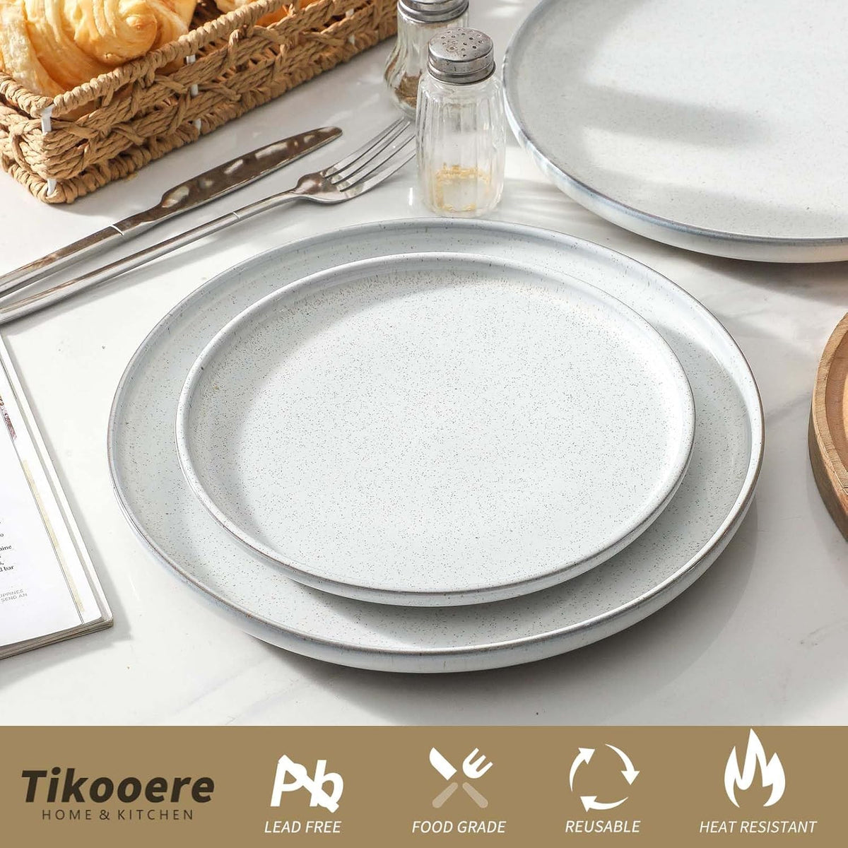 Ceramic Dinner Plates Set of 4 with High Edges, 10 Inch Glacier White Plates for Salad, Pasta and Steak, Oven＆Dishwasher Safe, Stoneware Plates with Matte Terracotta Base, Porcelain,Scratch Resistant