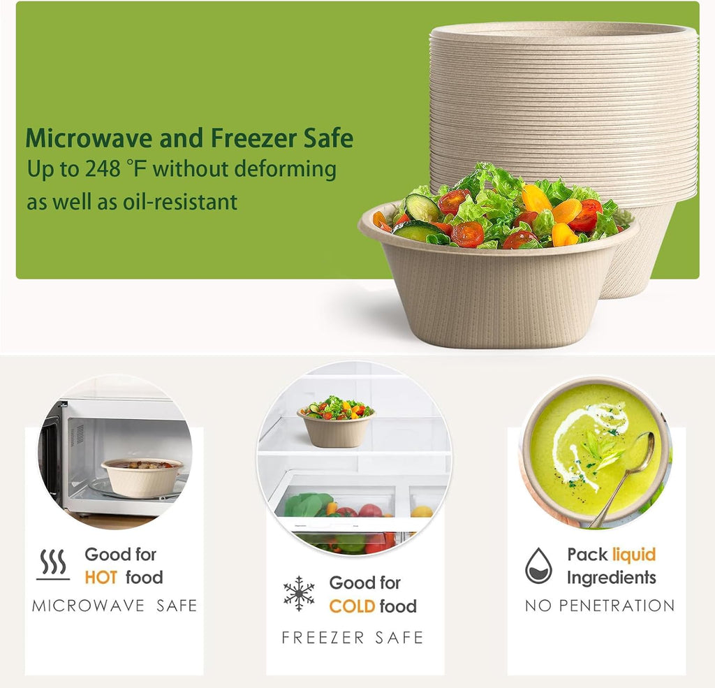 Large Disposable Bowl - Heavy Duty Paper Bowls - Made from Sugarcane and Bamboo Fiber, Microwave Safe - 48 Oz Paper Bowls for Soup, Salad, Ramen, Popcorn, etc.[50/Pack]