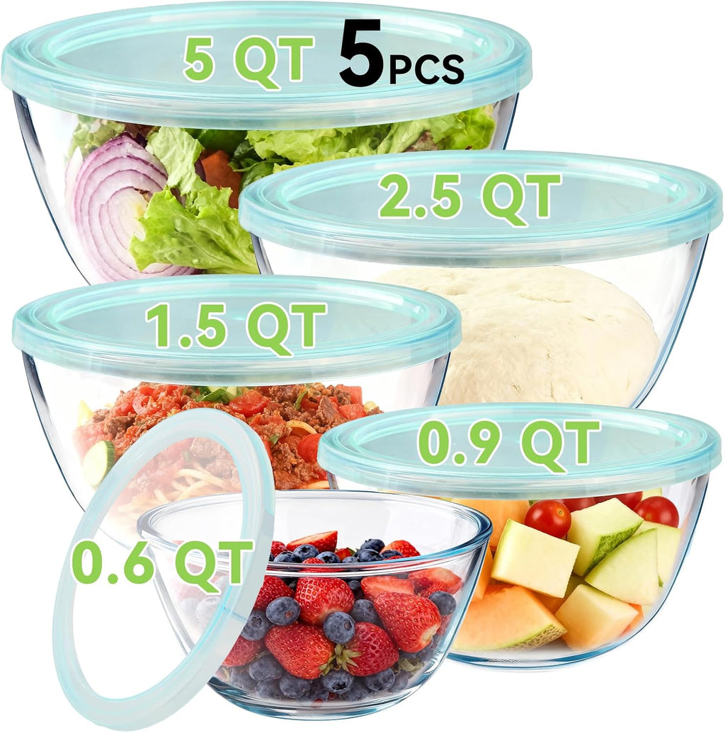 YUANYE 5 Pack Glass Mixing Bowls with Lids Set (5QT/2.5/1.5/0.9/0.6QT), Thick Glass Large Salad Bowl Set, Nesting Kitchen Bowls for Serving,Prepping,Cooking and Baking,Dishwasher,Oven,Microwave Safe