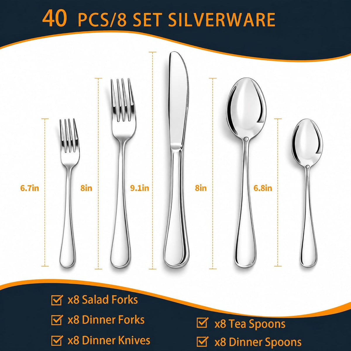 NICE KITCHEN Silverware Set, 40 Piece Stainless Steel Cutlery Sets for 8 | Heavy Duty Flatware, Mirror Polished Forks Spoons and Knives Set, Reusable Utensils for Home Kitchen, Dishwasher Safe