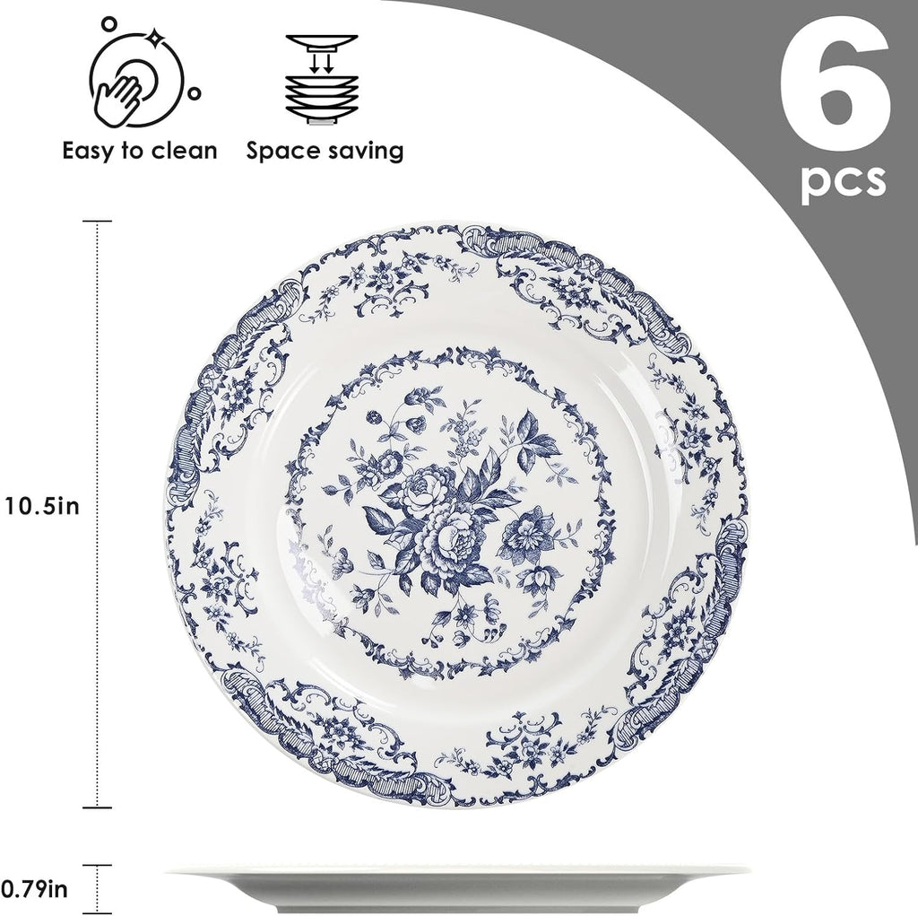 Dinner Plates Set of 6, 10.5 inch Blue Rose Floral Plate | Ceramic, White Porcelain Plate, Kitchen Plates Microwave Safe, Ideal for Salad, Pasta & Dessert