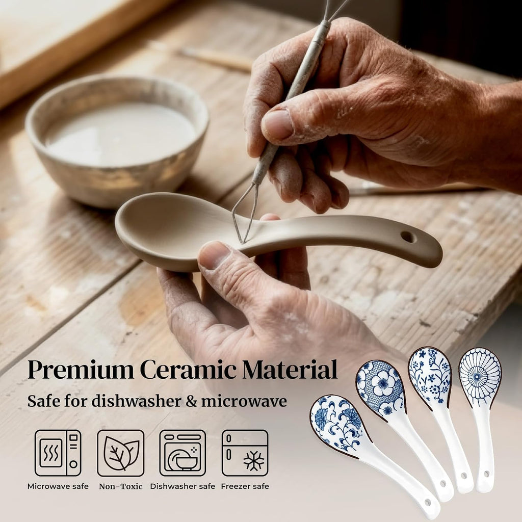 DOWAN Soup Spoons, Asian Ceramic Soup Spoon, with Long Handle Easy to Hold, Non-slip Bottom, Japanese Spoon for Ramen Pho Wonton Dumpling Miso, Set of 4