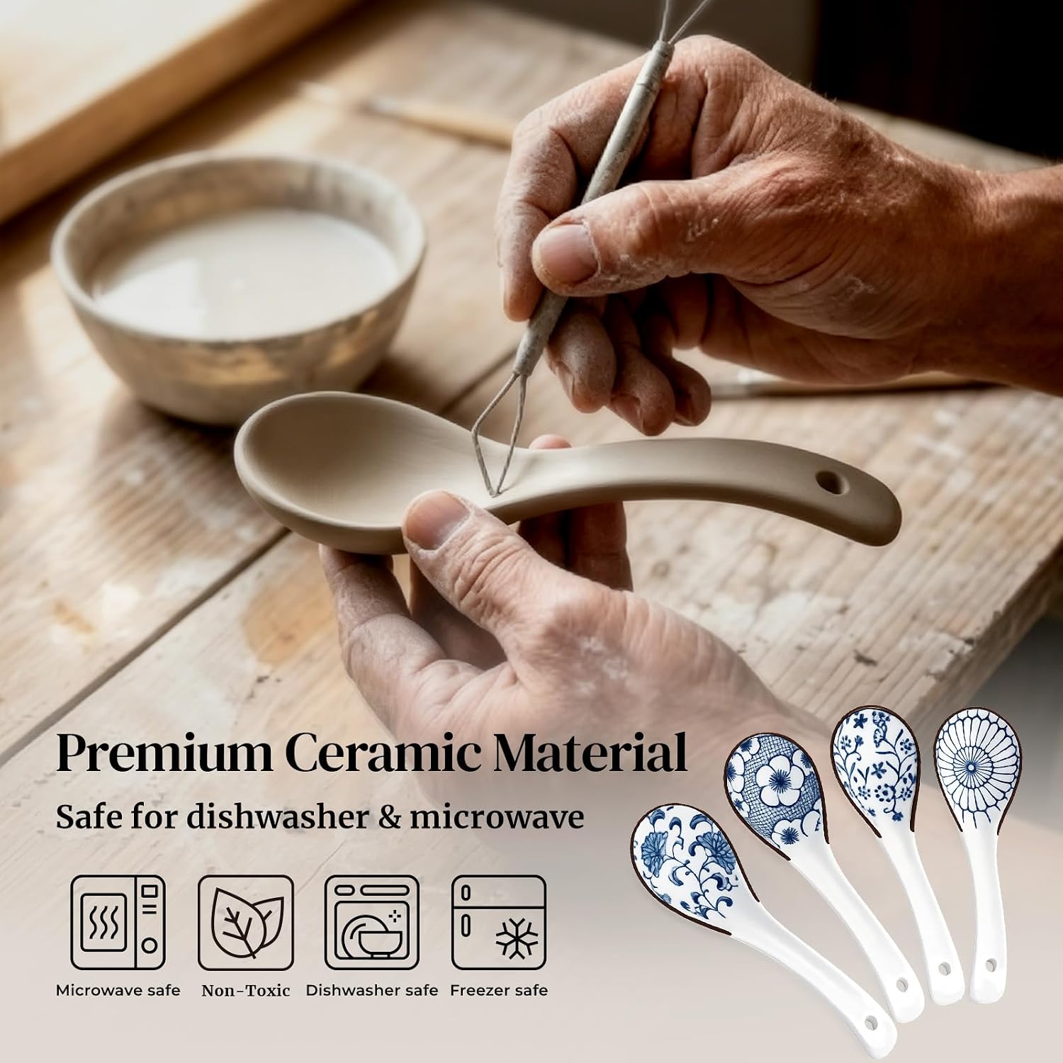 DOWAN Soup Spoons, Asian Ceramic Soup Spoon, with Long Handle Easy to Hold, Non-slip Bottom, Japanese Spoon for Ramen Pho Wonton Dumpling Miso, Set of 4