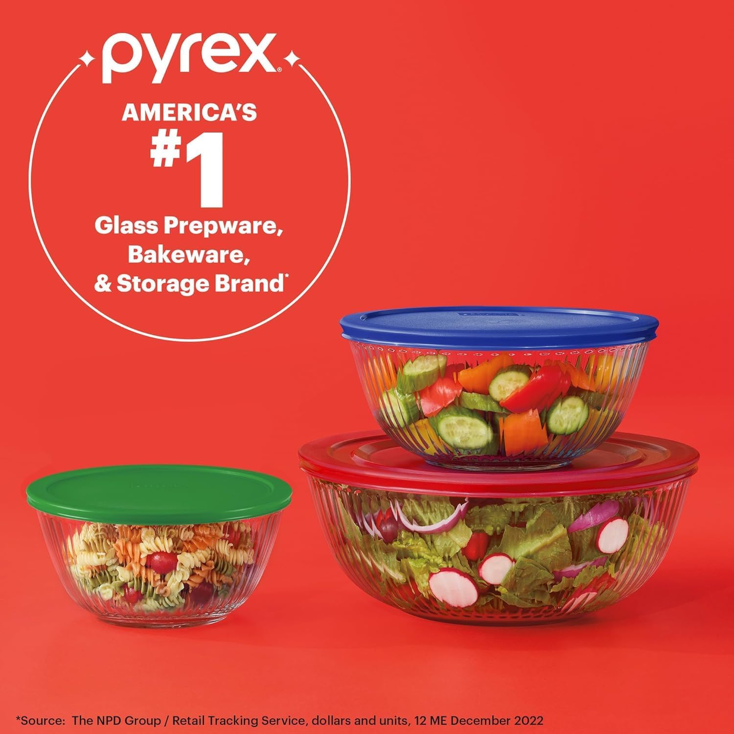 Pyrex Sculpted (3-Pack) Glass Mixing Bowls Set With Plastic Lids