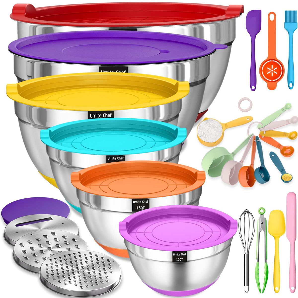 Thickened Heavy-Duty 26pcs Stainless Steel Bowl, Mixing Bowl Set with Lid, Grater Attachment, Non-Slip Bottom and Kitchen Gadget Set, Sizes 7, 4, 2.5, 2.0, 1.5, 1QT, Ideal for Mixing and Serving