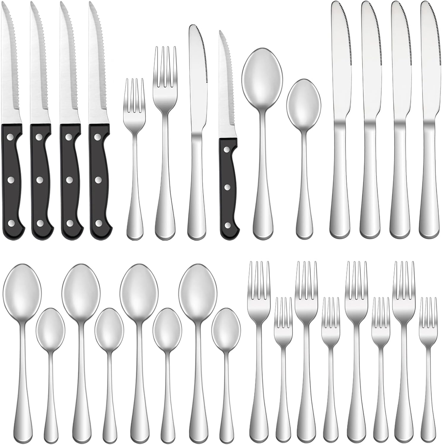24 Pcs Silverware Set with Steak Knives for 4, Stainless Steel Flatware Set, Mirror Polished Cutlery Utensil Sets, Home Kitchen Eating Tableware, Dishwasher Safe
