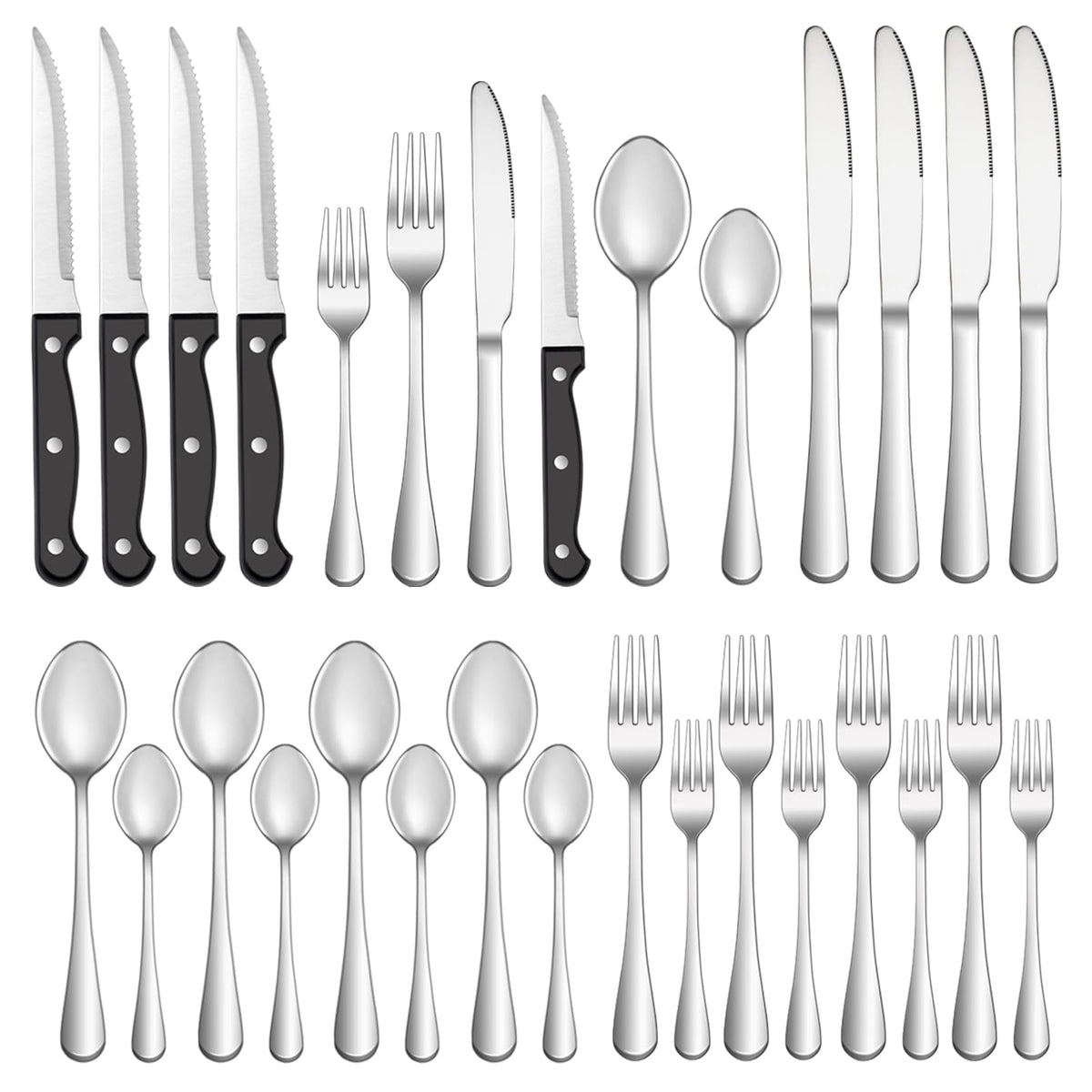 24 Pcs Silverware Set with Steak Knives for 4, Stainless Steel Flatware Set, Mirror Polished Cutlery Utensil Sets, Home Kitchen Eating Tableware, Dishwasher Safe