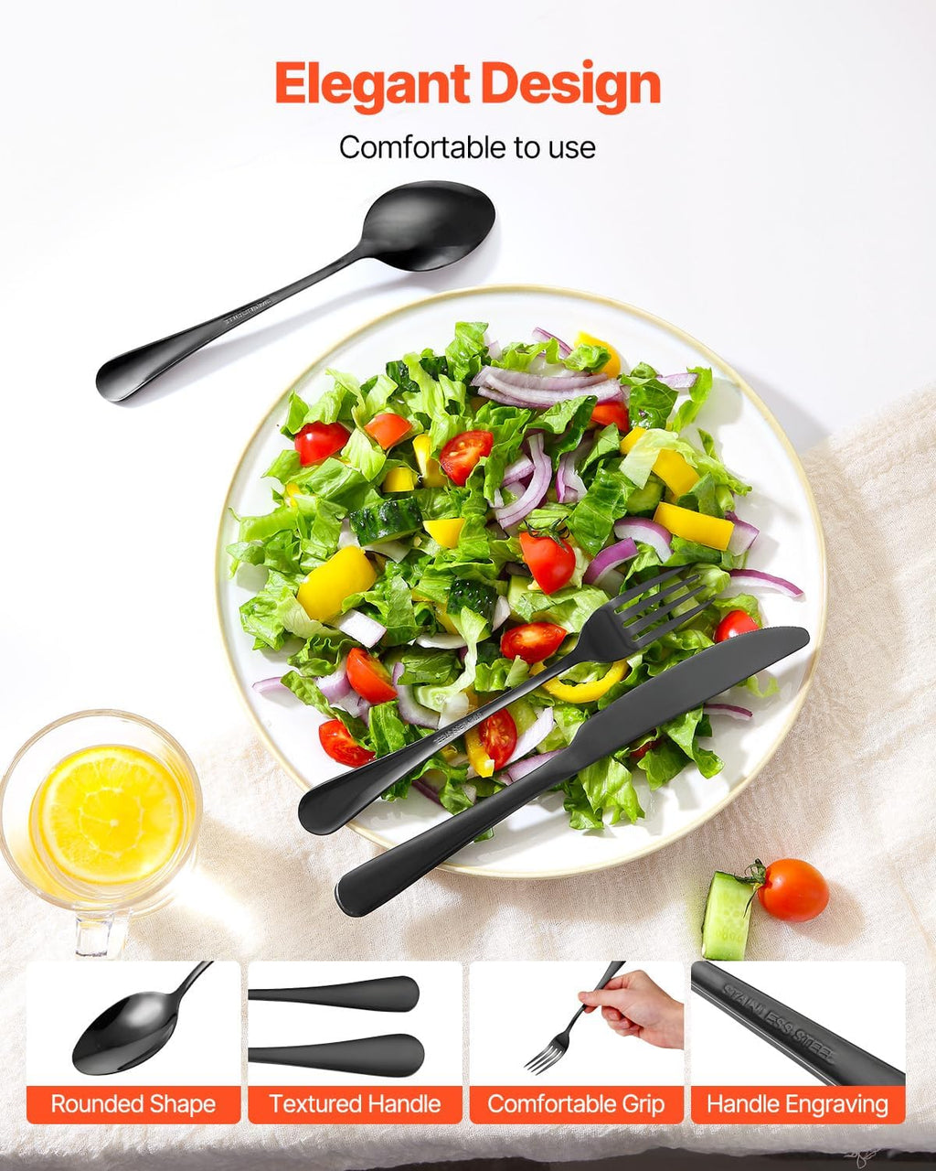 VEVOR 48-Piece Black Silverware Set with Steak Knives, Food-Grade Stainless Steel Flatware Utensils for 8, Mirror Finished Cutlery Set, Dishwasher Safe Eating Tableware for Kitchen Home, Service for 8