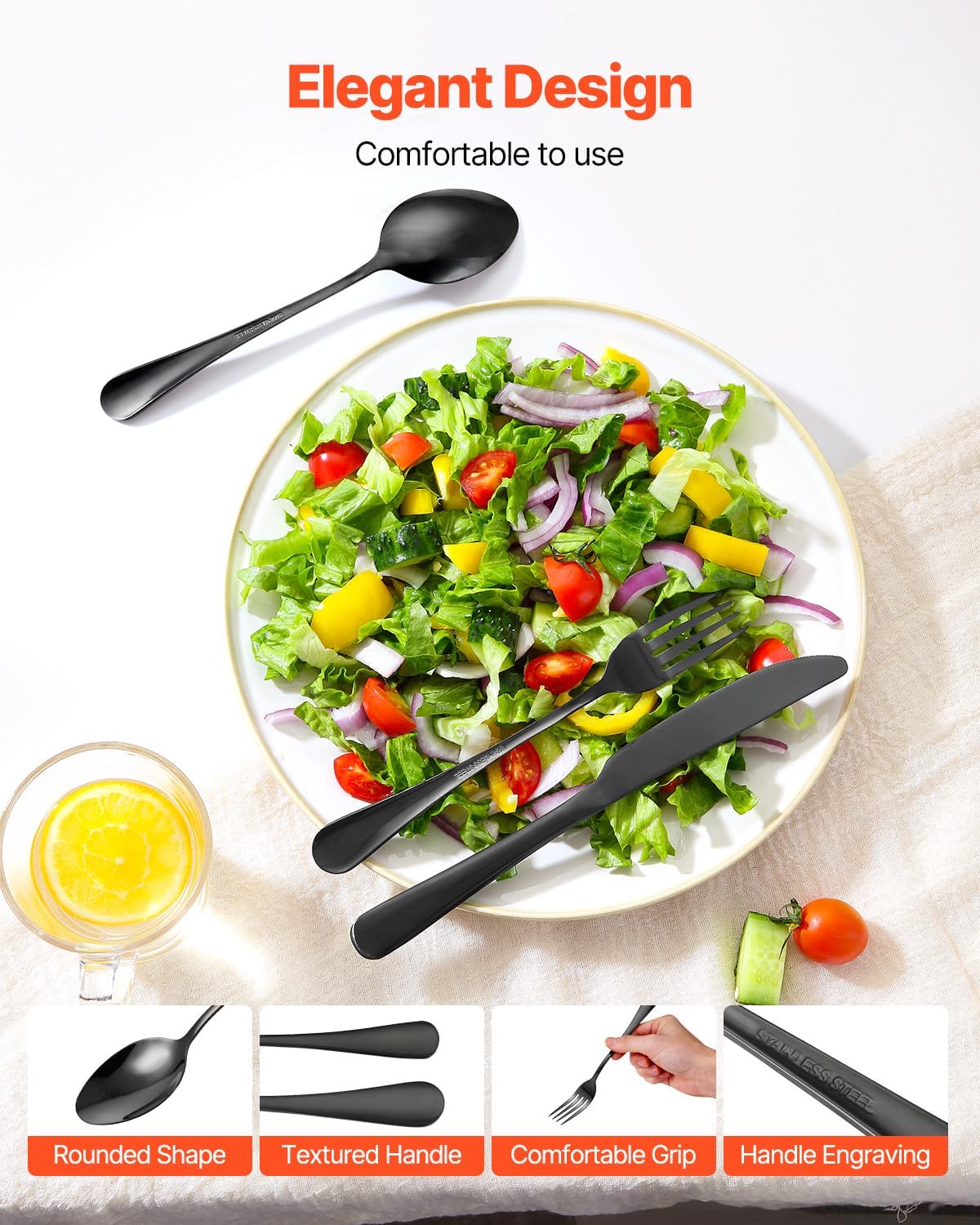 VEVOR 48-Piece Black Silverware Set with Steak Knives, Food-Grade Stainless Steel Flatware Utensils for 8, Mirror Finished Cutlery Set, Dishwasher Safe Eating Tableware for Kitchen Home, Service for 8