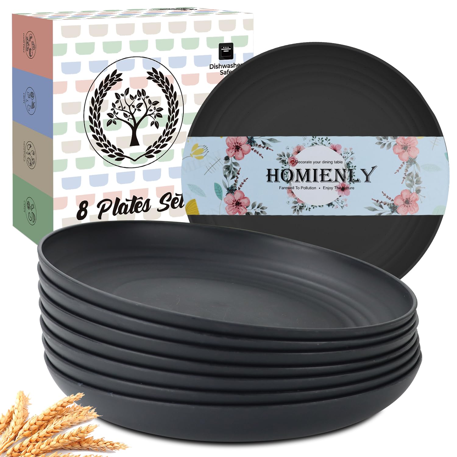 Deep Dinner Plates Set of 8 Alternative for Plastic Plates Microwave and Dishwasher Safe Wheat Straw Plates for Kitchen Unbreakable Kids Plate Set with 4 Colors (Classic Bright, 9 inch)