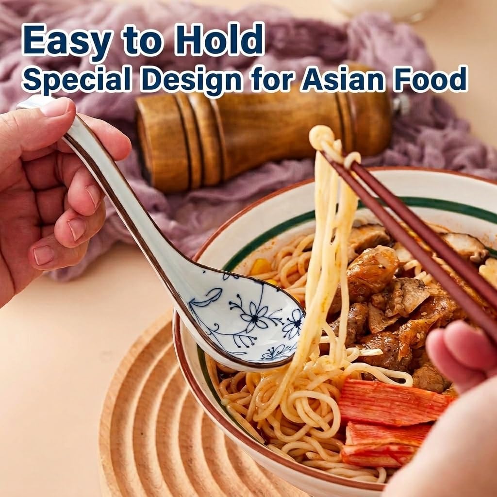 Ceramic Asian Soup Spoons, Easy to Hold, Long Handle Perfect Depth Spoon Set for Japanese Ramen Noodles, Chinese Dumpling, Pho, Miso, Wonton, Dishwasher Safe -Set of 4 - Blue