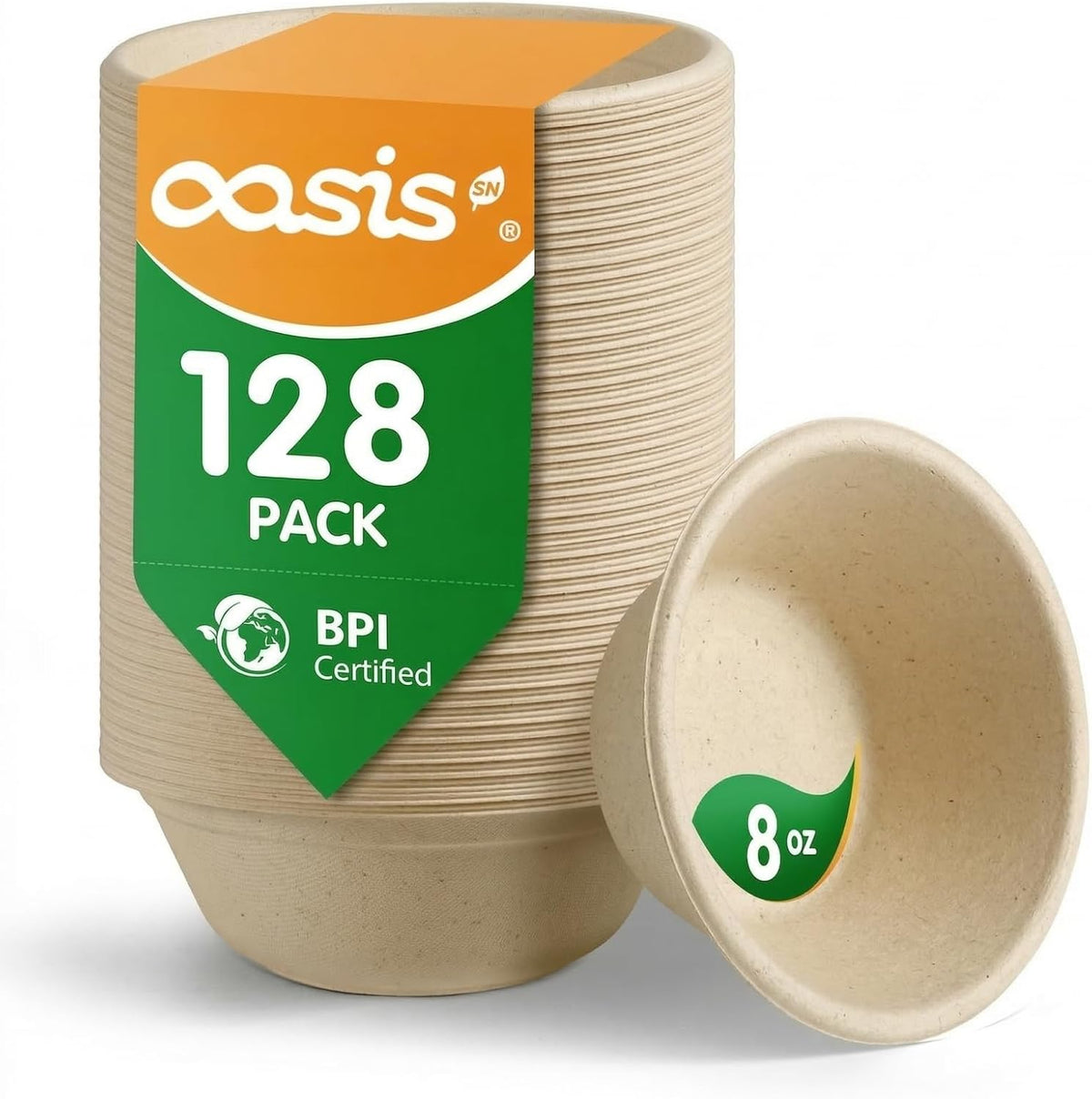 8 oz 128-Pack Compostable Paper Bowls, Small Disposable Dessert & Snack Bowls, Heavy-Duty Bagasse Bowls for Ice Cream, Sauce & Kids Meals, Microwave & Freezer Safe, Eco-Friendly (Natural)