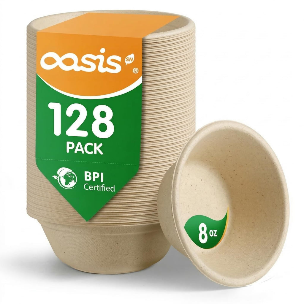 8 oz 128-Pack Compostable Paper Bowls, Small Disposable Dessert & Snack Bowls, Heavy-Duty Bagasse Bowls for Ice Cream, Sauce & Kids Meals, Microwave & Freezer Safe, Eco-Friendly (Natural)