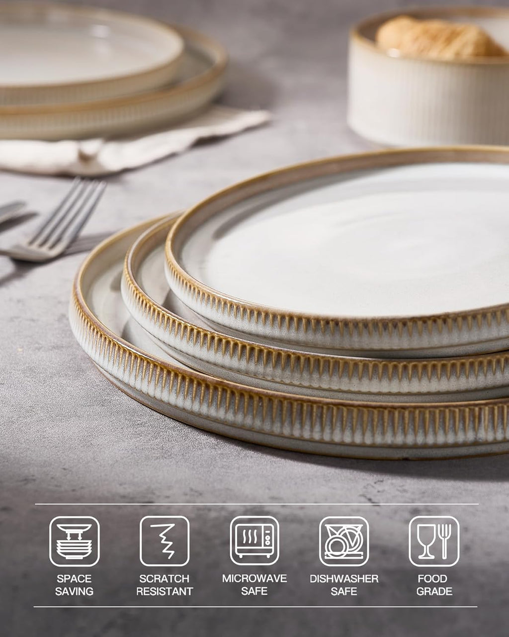 famiware Star 10/8 inches Dinner Plates Set for 6, Cappuccino White | Fine Stoneware Kitchen Plates for Salad, Dessert, Double Reactive Glaze, Microwave Dishwasher Safe, Lead-free, Cadmium-free