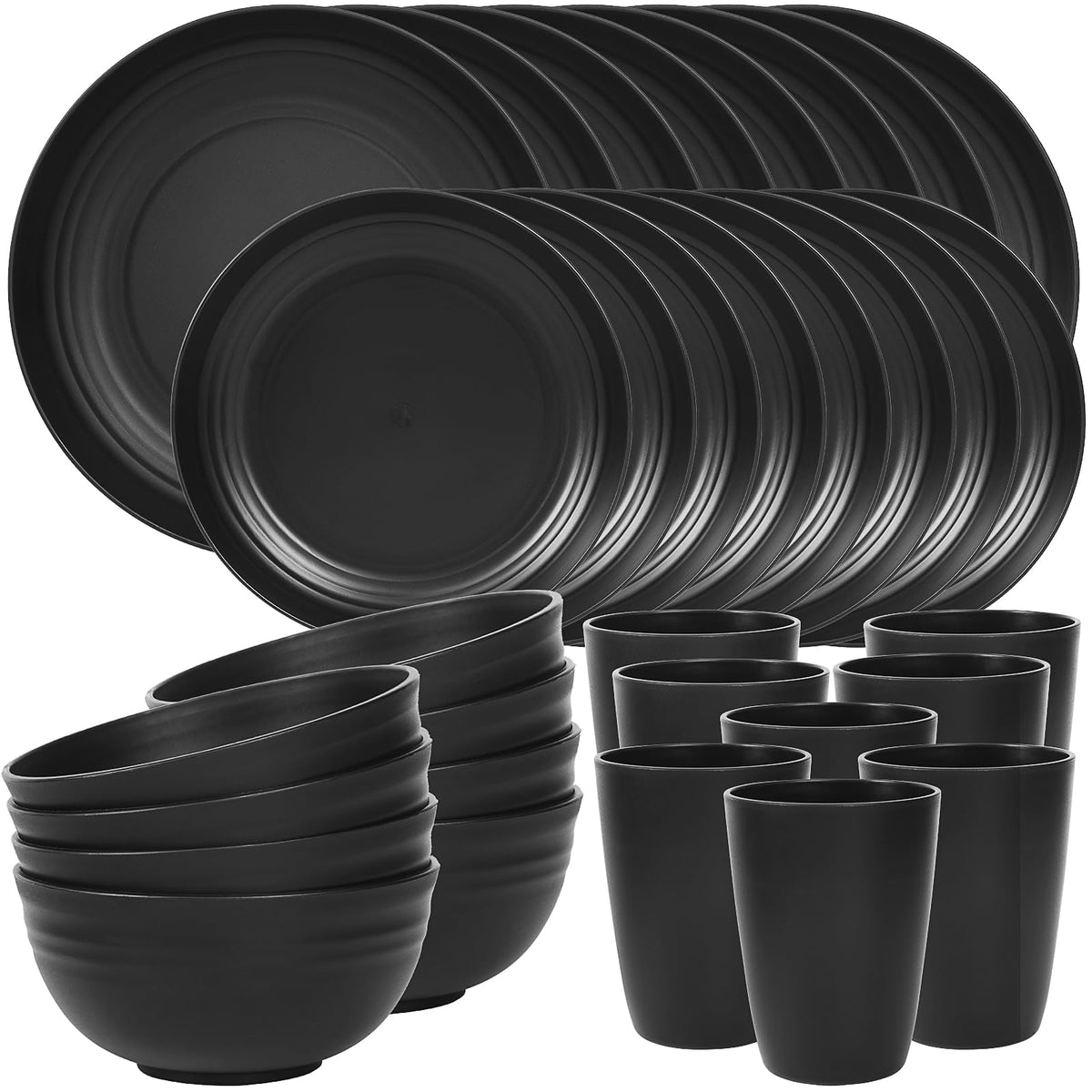 Quatish 24 Piece Plates and Bowls Sets for 6, Unbreakable Dinnerware Sets, Dish Set for Camping, Dishwasher Microwave Safe, Outdoor Kitchen and Apartment Dorm Dinning RV Essentials, Black