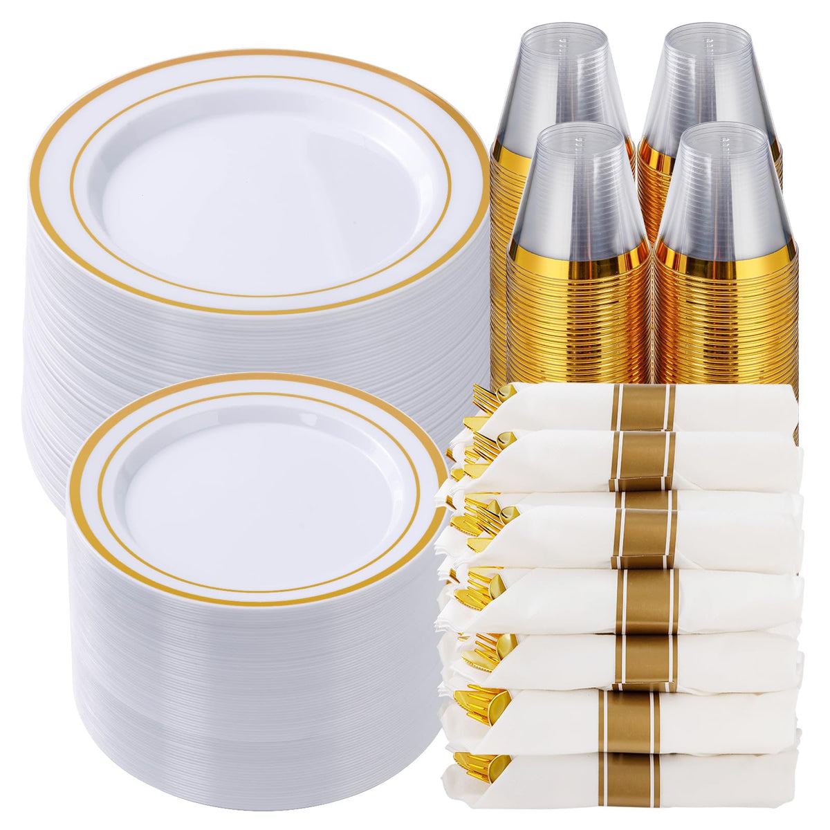 350 Piece Silver Plastic Dinnerware Set for 50 Guests | Disposable Dinnerware Includes: 50 Dinner Plates, 50 Dessert Plates, 50 Pre Rolled Napkins with Silver Silverware, 50 Cups