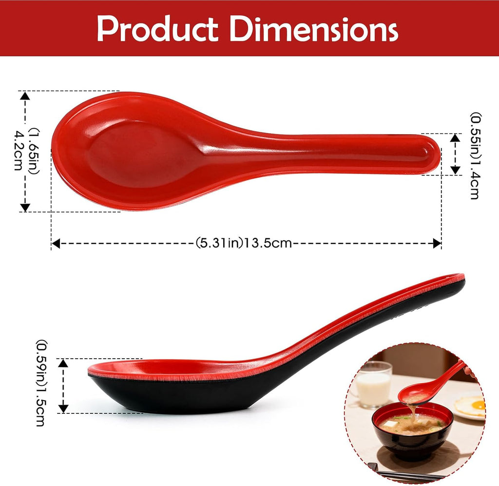Red and Black Melamine Wonton Soup Spoons, 2 Count | Chinese Japanese Miso Ramen Dumpling Pho Rice Noodle Soba Soup Spoons.unbreakable