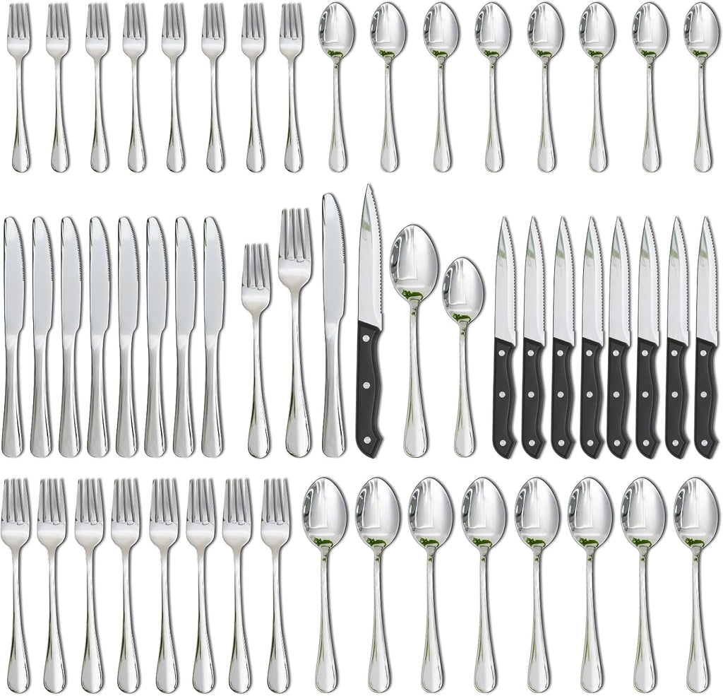 Astercook Silverware Set 48-Piece Flatware with Steak Knives Food-Grade Stainless Steel Cutlery for 8 Mirror Polished Utensils Set Include Spoons and Forks for Home Kitchen Restaurant
