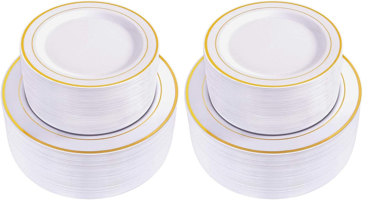 120PCS Plastic Plates White Silver Rim - Disposable Plates including 60PCS for Dinner 10.25inch, 60 Salad/Dessert Plates 7.5inch Heavy Duty Wedding Party Birthday