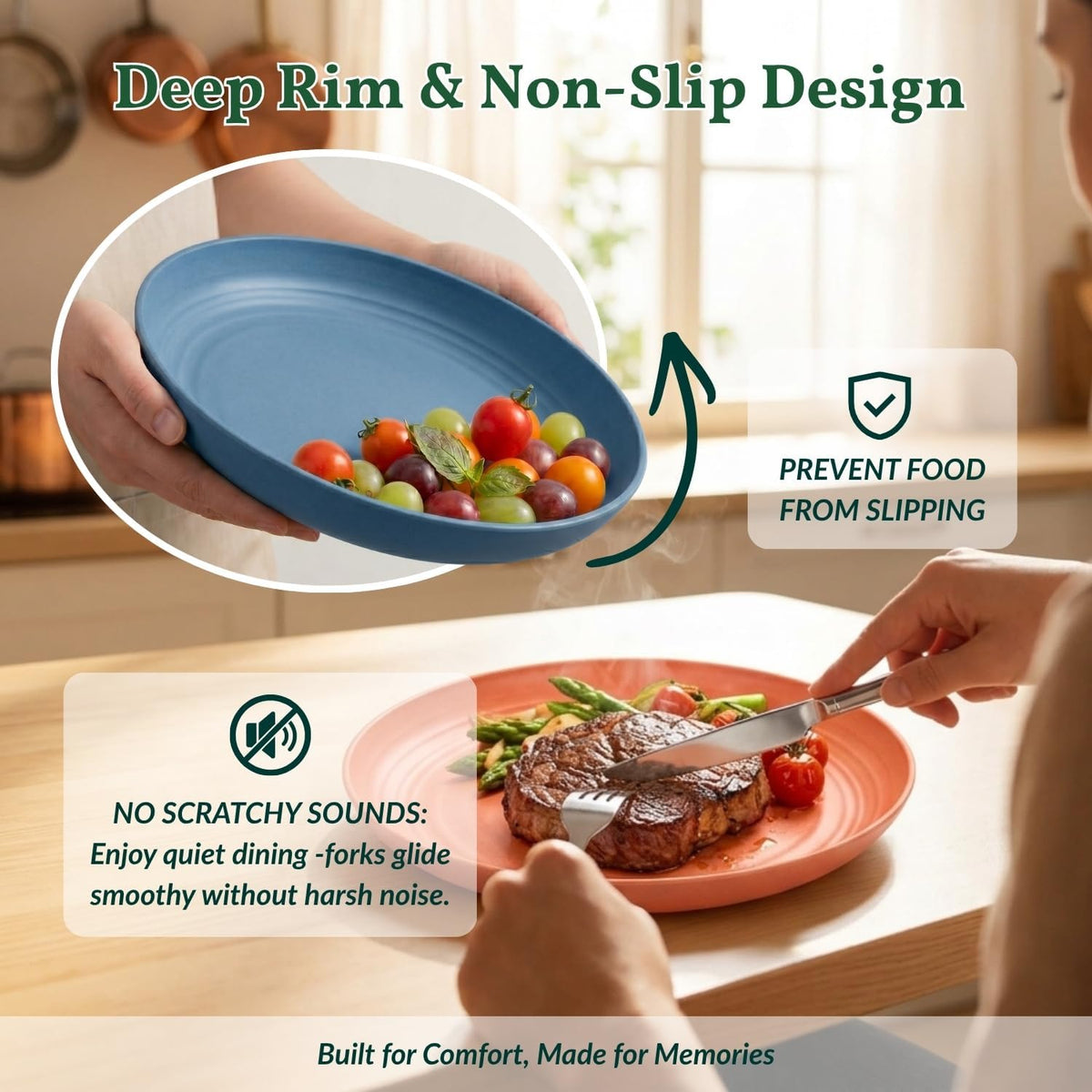Deep Dinner Plates Set of 8 Alternative for Plastic Plates Microwave and Dishwasher Safe Wheat Straw Plates for Kitchen Unbreakable Kids Plate Set with 4 Colors (Classic Bright, 9 inch)