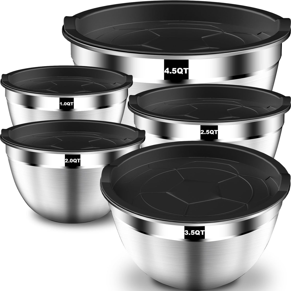 DUTZUN Mixing Bowls with Lids Set, Stainless Steel Mixing Bowls with Colander, Strainer with Mixing Bowl Set, Serving Bowl Kitchen Gift, Size 4.5, 2.5, 2, 1.5QT - Black