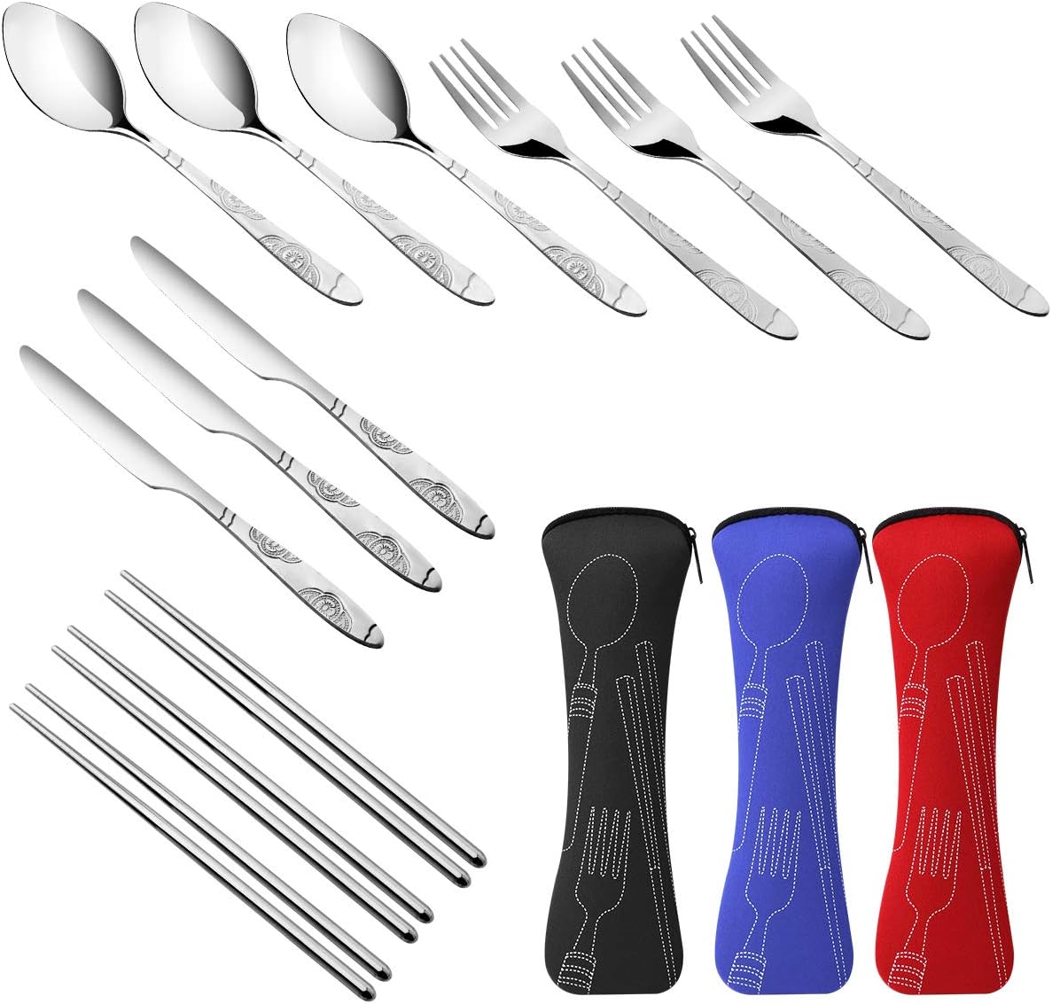 Arroyner 3 Pack Reusable Flatware Sets Knife, Fork, Spoon, Chopsticks, 12Pcs Portable Travel Stainless Steel Tableware Dinnerware with Carrying Case