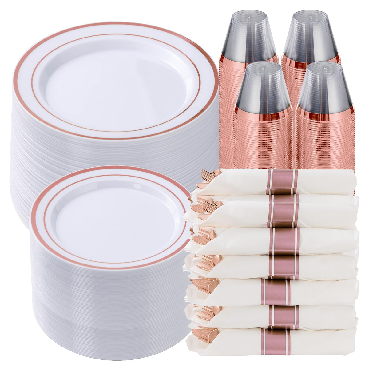 350 Piece Silver Plastic Dinnerware Set for 50 Guests | Disposable Dinnerware Includes: 50 Dinner Plates, 50 Dessert Plates, 50 Pre Rolled Napkins with Silver Silverware, 50 Cups