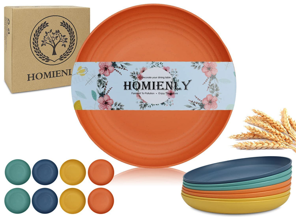Deep Dinner Plates Set of 8 Alternative for Plastic Plates Microwave and Dishwasher Safe Wheat Straw Plates for Kitchen Unbreakable Kids Plate Set with 4 Colors (Classic Bright, 9 inch)