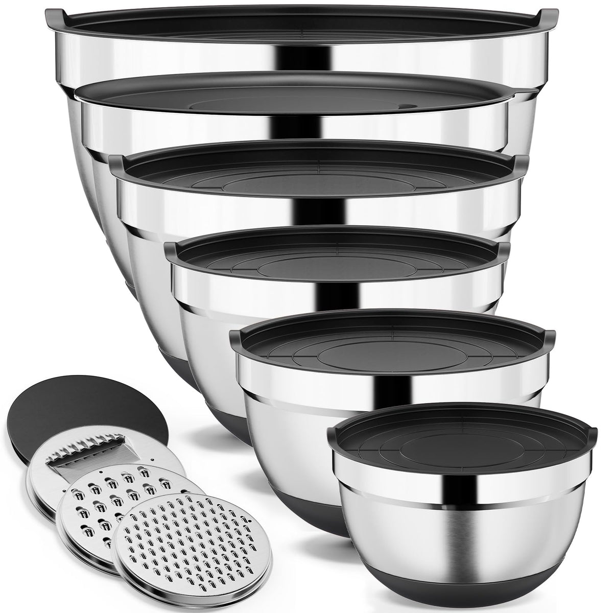 9 Pack Mixing Bowls with Airtight Lids & Grater Attachments, Khaki | Stainless Steel Bowl, Non-slip Bases, Nesting Kitchen Bowl, Size 5, 4, 3, 2, 1.5,1QT,for Food Prep, Baking, Storage & Serving