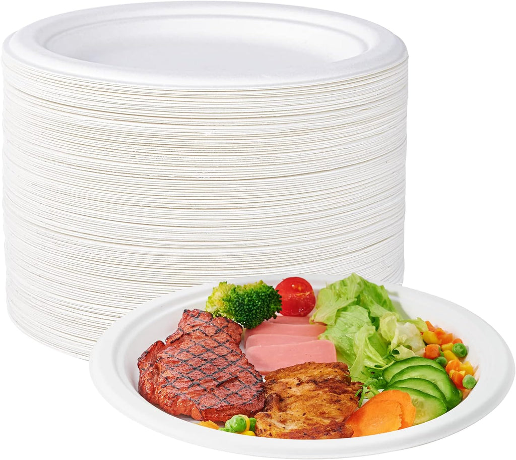 10 in 150 Pack White Compostable Disposable Paper Plates for Party | Heavy Duty, Biodegradable, Made of Eco-friendly Sugarcane Bagasse, Ideal for Dinner, Picnic, Wedding, Birthday, Daily use