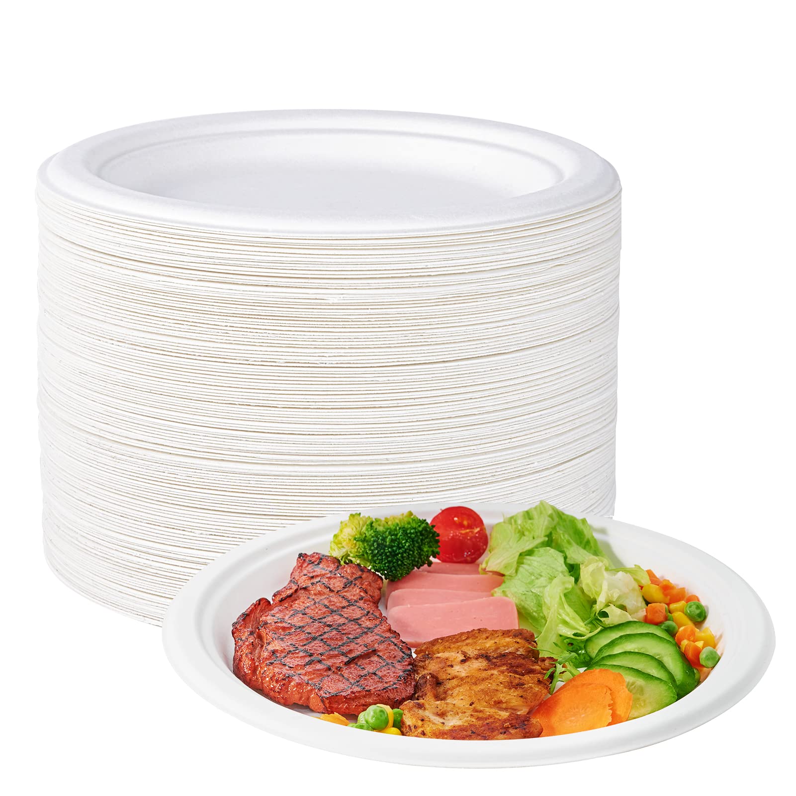 10 in 150 Pack White Compostable Disposable Paper Plates for Party | Heavy Duty, Biodegradable, Made of Eco-friendly Sugarcane Bagasse, Ideal for Dinner, Picnic, Wedding, Birthday, Daily use