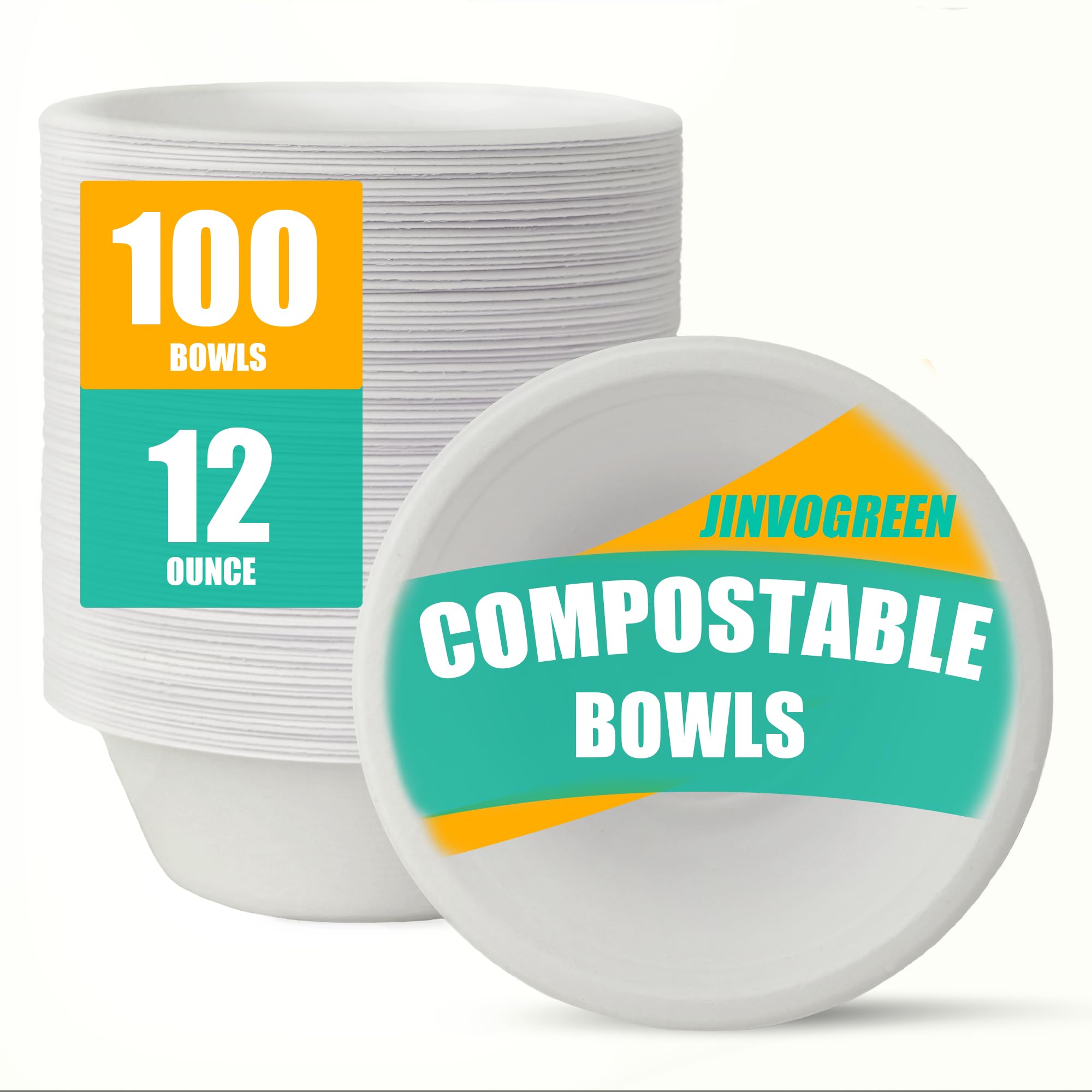 JINVOGREEN 500 Count 12 oz Paper Bowls, Compostable Bowls Bulk, White | Heavy Duty Disposable Bowls, Sugarcane Bagasse Bowls Bulk for Cereal, Snacks, Soup, Salads, Eco-Friendly, Microwave Safe