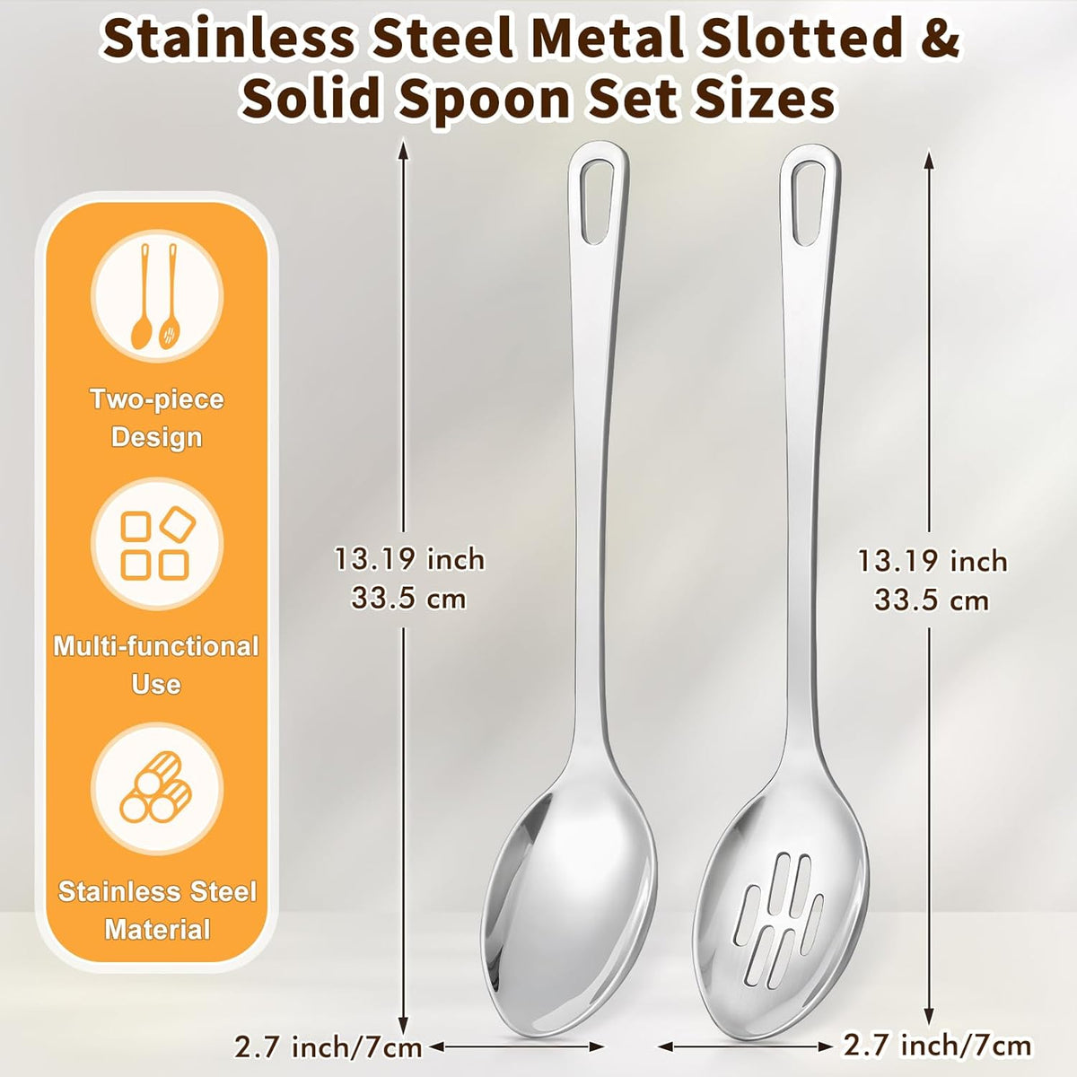 2 Pcs Stainless Steel Cooking Spoons Set, Solid & Slotted Metal Serving Spoons, Heavy Duty Sturdy Large Soup Ladle, High Heat Resistant Kitchen Cooking Utensils for Mixing, Stirring, Easy to Clean
