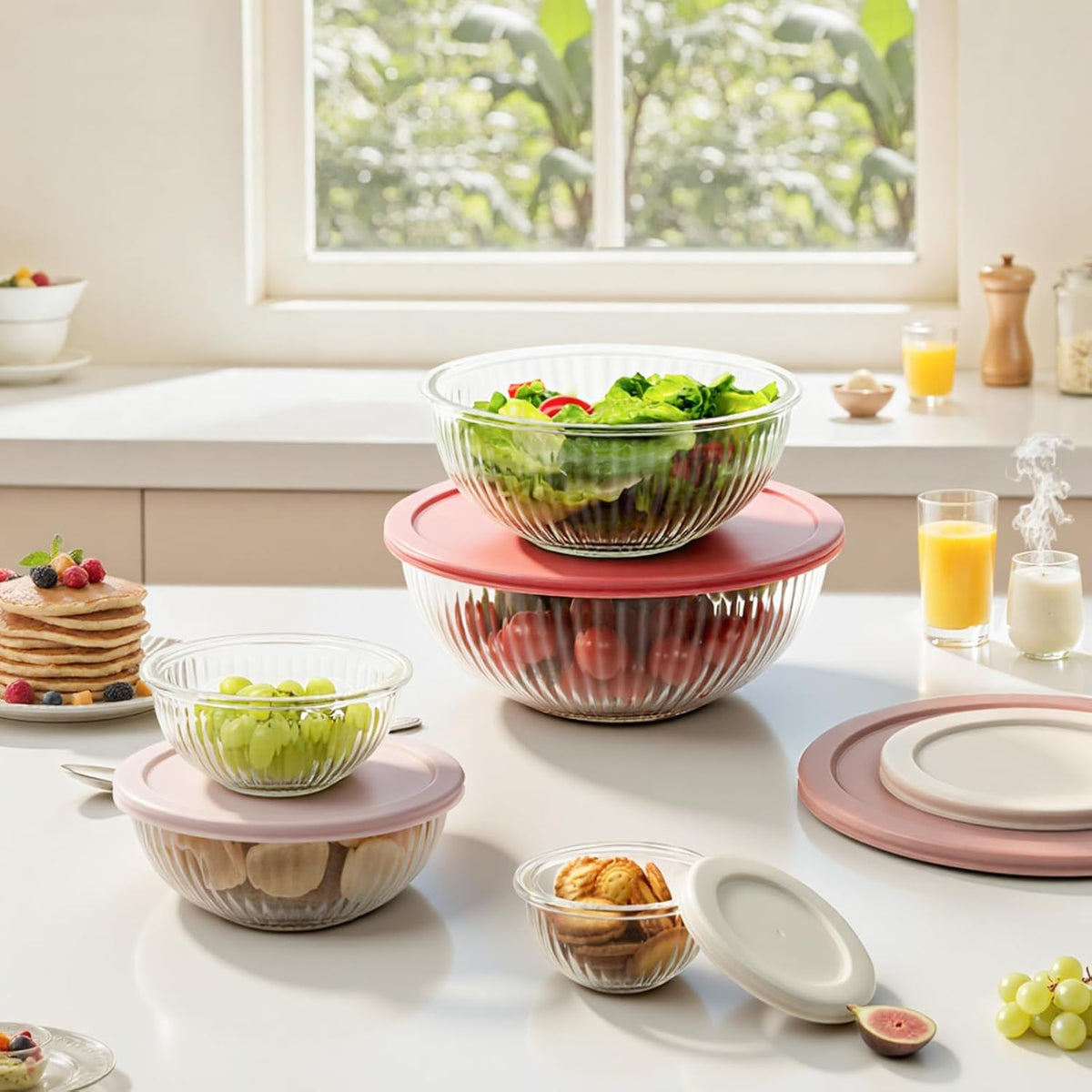 Glass Mixing Bowls with Lids Sets, 5 PCS Serving Bowls for Party or Kitchen | For Baking, Meal Prepping and Salad, Bpa Free and Dishwasher and microwave Safe Serving Bowls, 0.2/0.5/1.1/2.1/3.7Qt