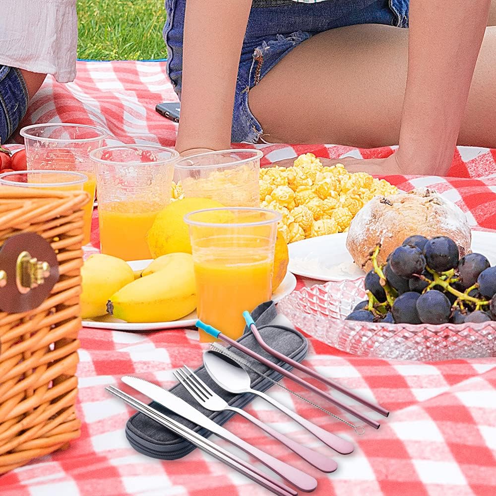 Travel Utensils Set with Case Reusable Portable Cutlery Set Stainless Steel 8pcs Including Dinner Knife Fork Spoon Chopsticks straws(Gradient Pink) | Dishwasher Including Dinner Knife Fork Spoon Chopsticks Straws Travel Fork Spoon Knife for Work, Camping