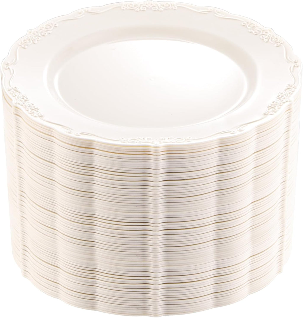 DaYammi 60PCS Ivory Plastic Plates, 10 inch Disposable Dinner Plates | Heavy Duty Ivory Disposable Plates Premium Dinner Plates Fancy Plastic Plates for Party, Wedding and Bridal Shower