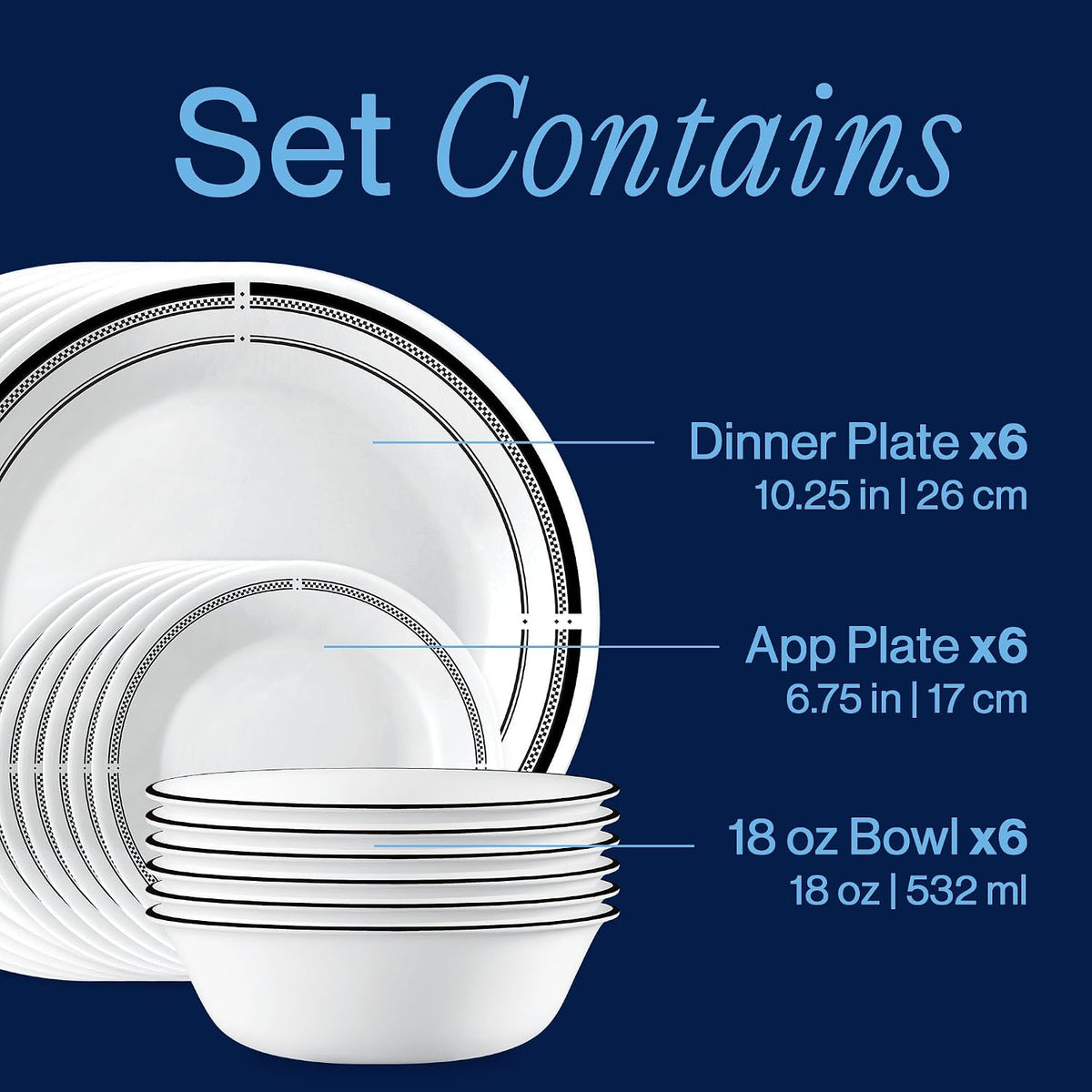 Corelle 18-Piece Round Dinnerware Set Service for 6, Lightweight Round Plates and Bowls Set, Vitrelle Triple Layer Glass, Chip and Scratch Resistant, Microwave and Dishwasher Safe, Brasserie