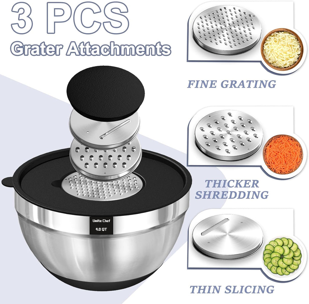 Umite Chef Mixing Bowls with Airtight Lids Set, 8PCS Stainless Steel Nesting Bowls Set, 3 Grater Attachments & Non-Slip Bottoms, Size 5, 4, 3.5, 2, 1.5QT for Baking & Mixing(Black)