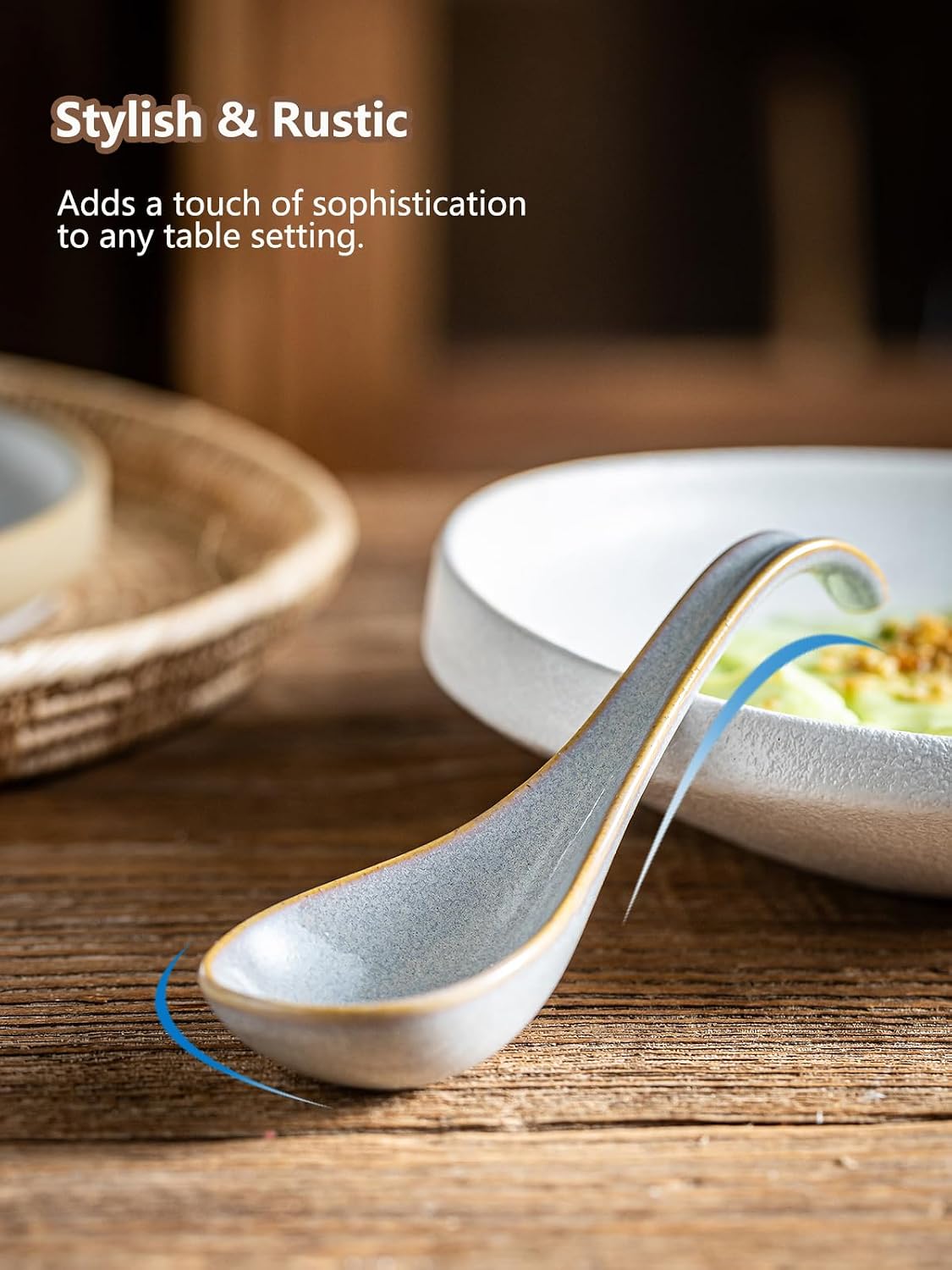 Gomakren Ceramic Chinese Soup Spoon Set of 6, Ramen Spoons 6.5in, Gray | Deep Oval Design, Ergonomic Curved Handle, Stackable Storage, Asian Japanese Style, for Daily Dining Cereal Pho Dumpling Miso