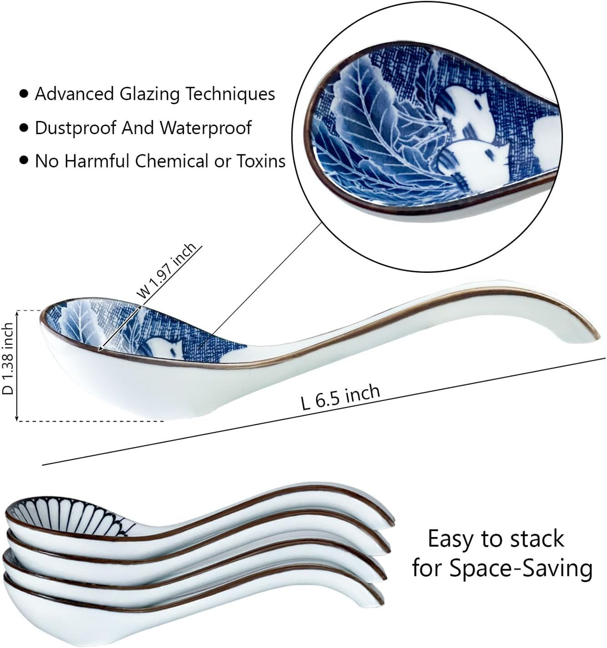 Asian Ceramic Soup Spoon, with Long Handle Easy to Hold, Non-slip Bottom, for Japanese Ramen, Chinese and Vietnamese Wonton, Noodle Soup Spoons (V86)