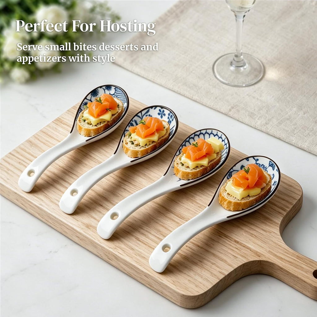 DOWAN Soup Spoons, Asian Ceramic Soup Spoon, with Long Handle Easy to Hold, Non-slip Bottom, Japanese Spoon for Ramen Pho Wonton Dumpling Miso, Set of 4