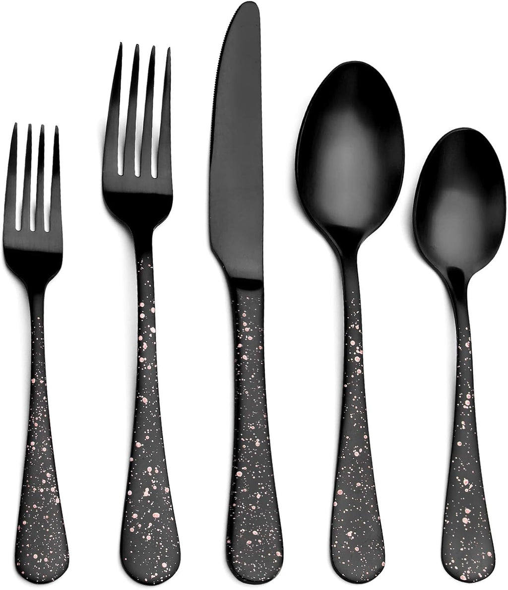 O.C.E. Matte Black Silverware Set, Stainless Steel Flatware Set, 20-Piece Tableware Cutlery Set Service for 4, Satin Finish Tableware Utensils Set, Dishwasher Safe (Starry Pink)